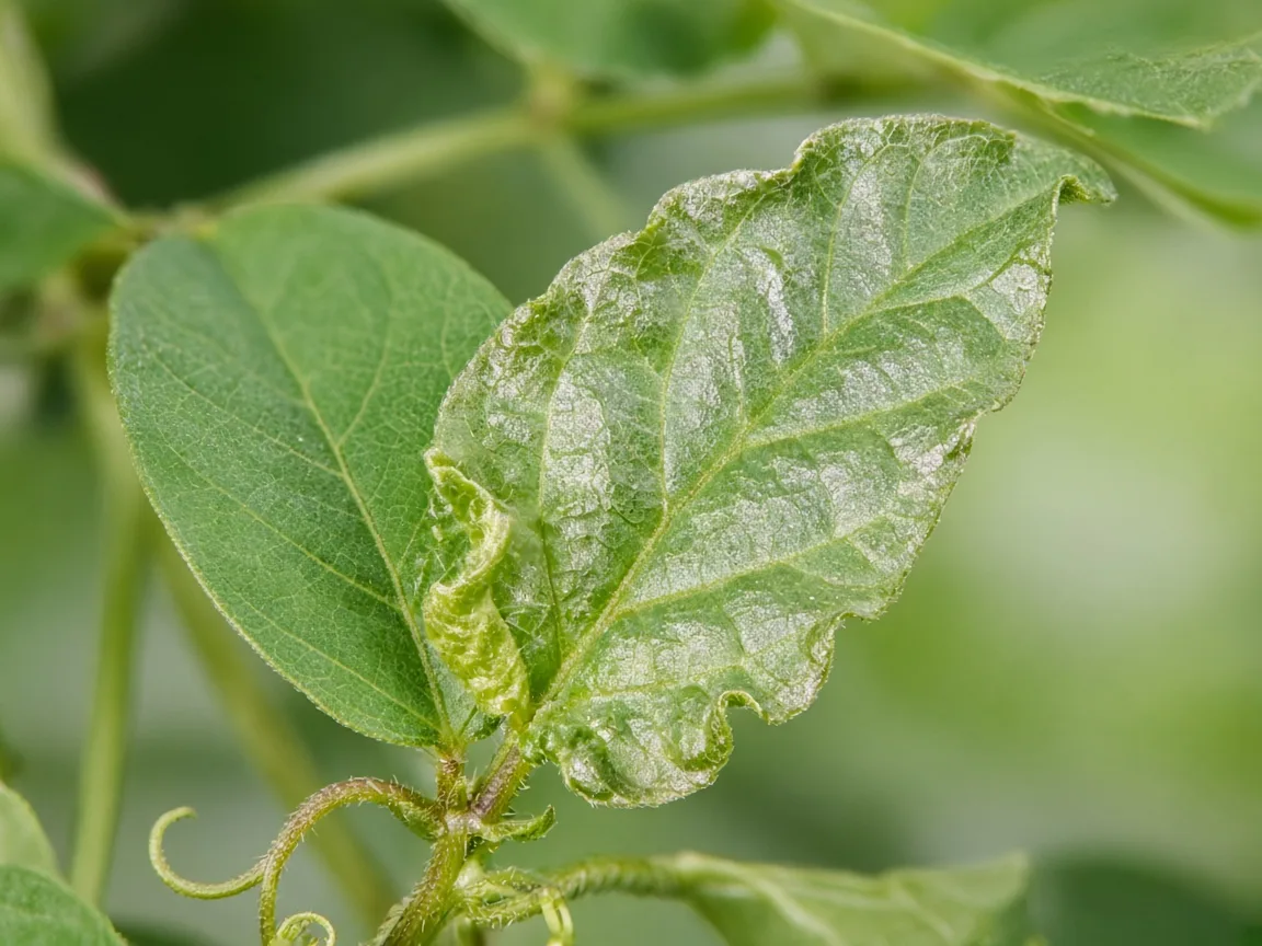 Close-up of distorted leaves on Aparajita - wrinkled and puckered trifoliate leaflet at vine tip
