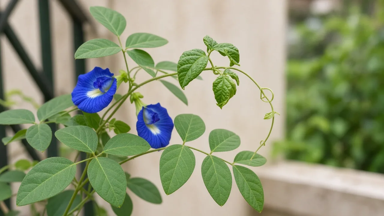 Distorted leaves on Aparajita butterfly pea vine - wrinkled trifoliate leaflets at a tendril tip on balcony trellis