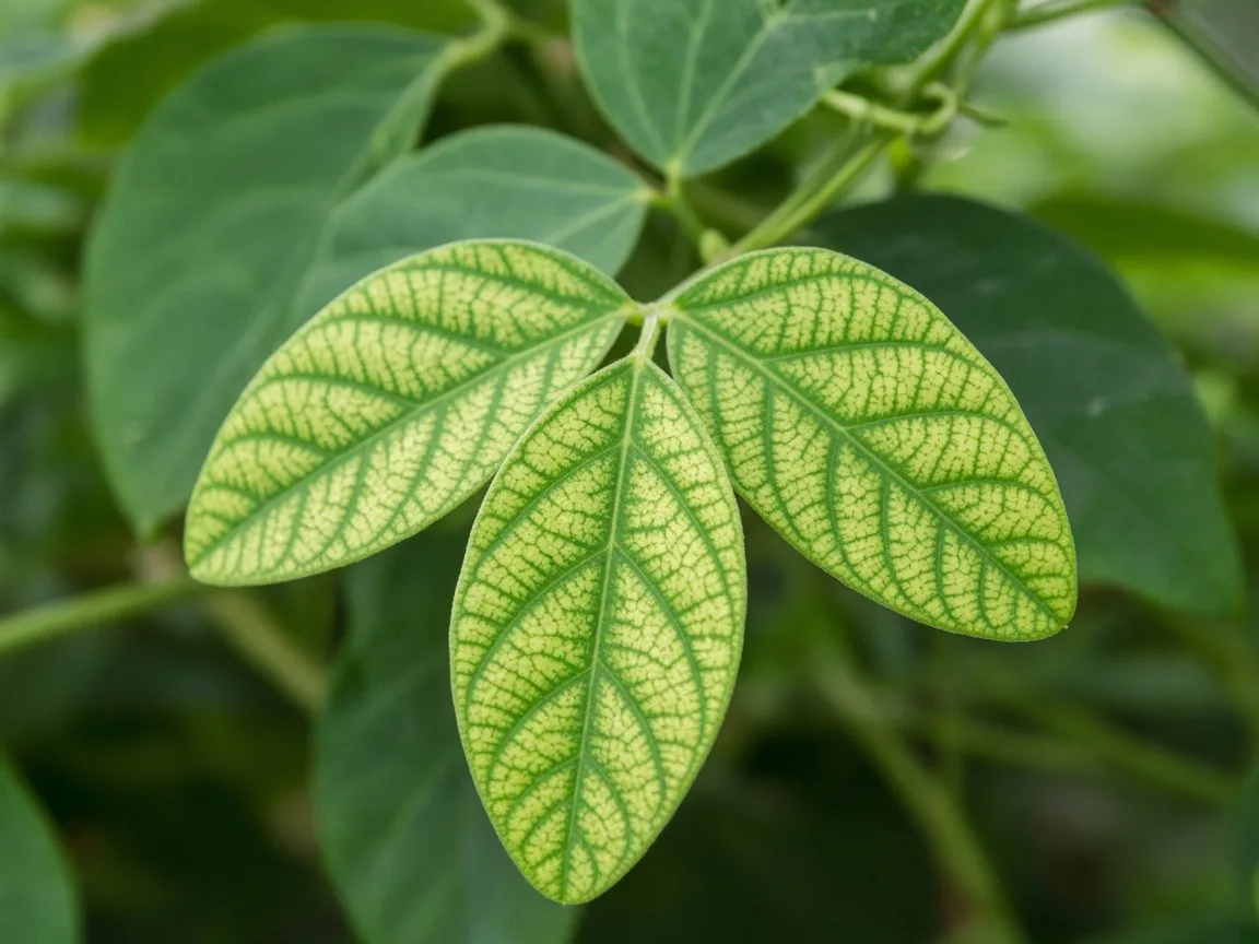 Close-up of interveinal chlorosis on new Aparajita trifoliate leaflet at vine tip