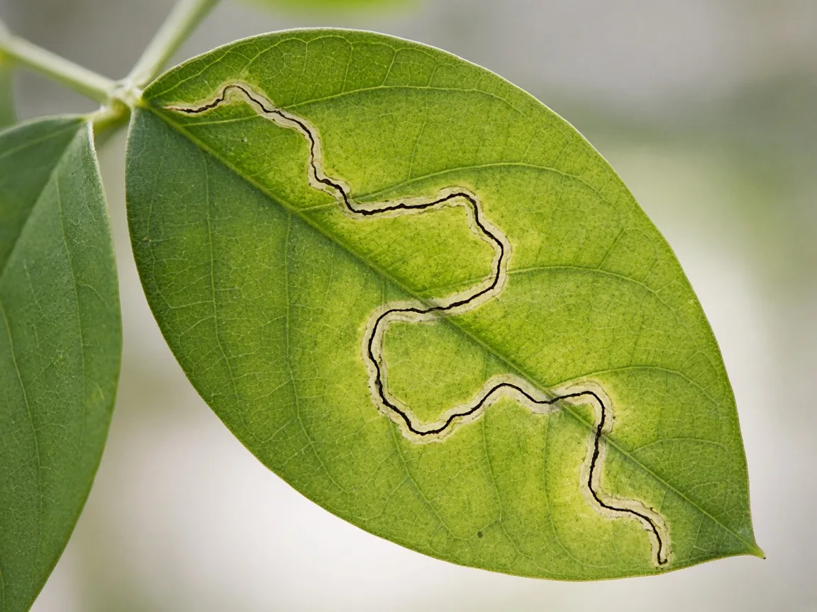 Close-up of leaf miner serpentine tunnel inside Aparajita compound leaflet