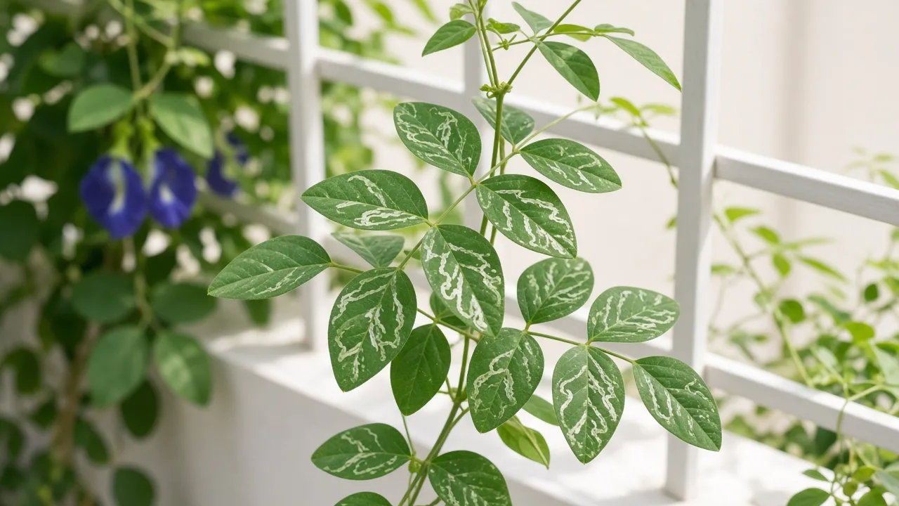 Leaf miners on Aparajita - pale serpentine tunnels inside compound vine leaflets