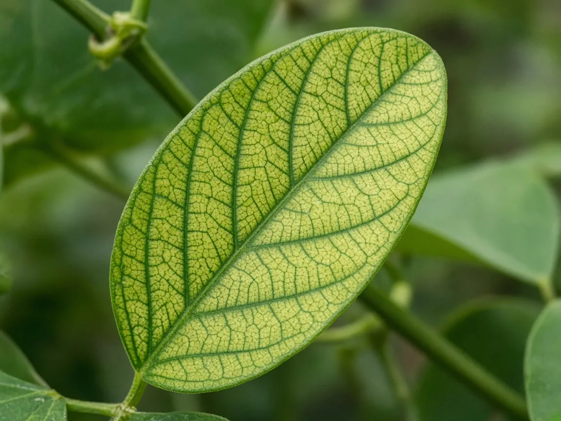 Close-up of magnesium deficiency on Aparajita - interveinal yellowing on older trifoliate leaflet with dark green veins