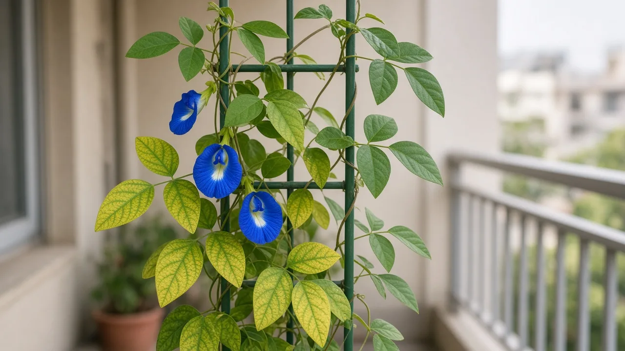 Magnesium deficiency on Aparajita butterfly pea vine - interveinal yellowing on older lower trifoliate leaves on balcony trellis