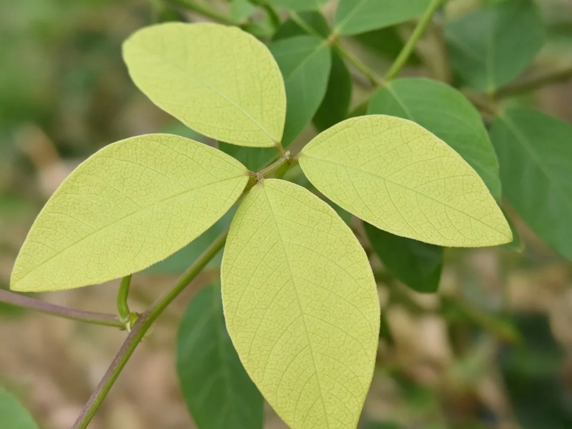 Close-up of nitrogen deficiency on Aparajita - uniform pale yellow-green on oldest lower trifoliate leaf cluster