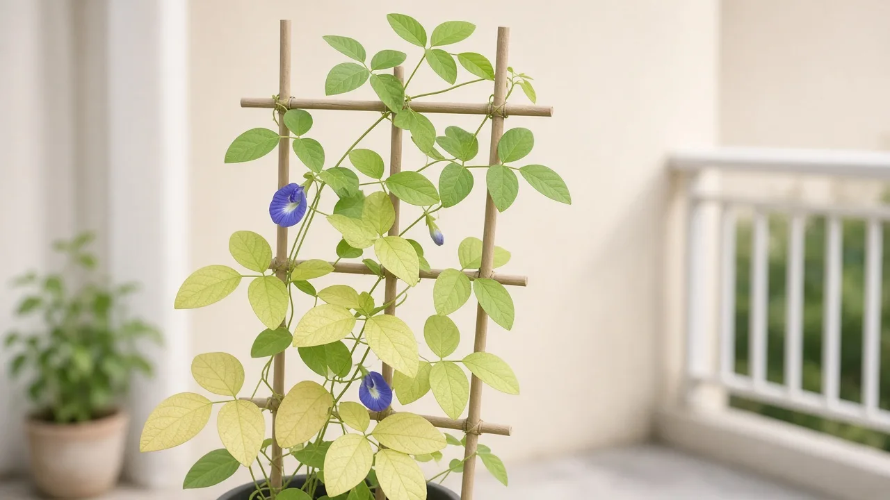 Nitrogen deficiency on Aparajita butterfly pea vine - oldest lower trifoliate leaves uniformly pale on balcony trellis