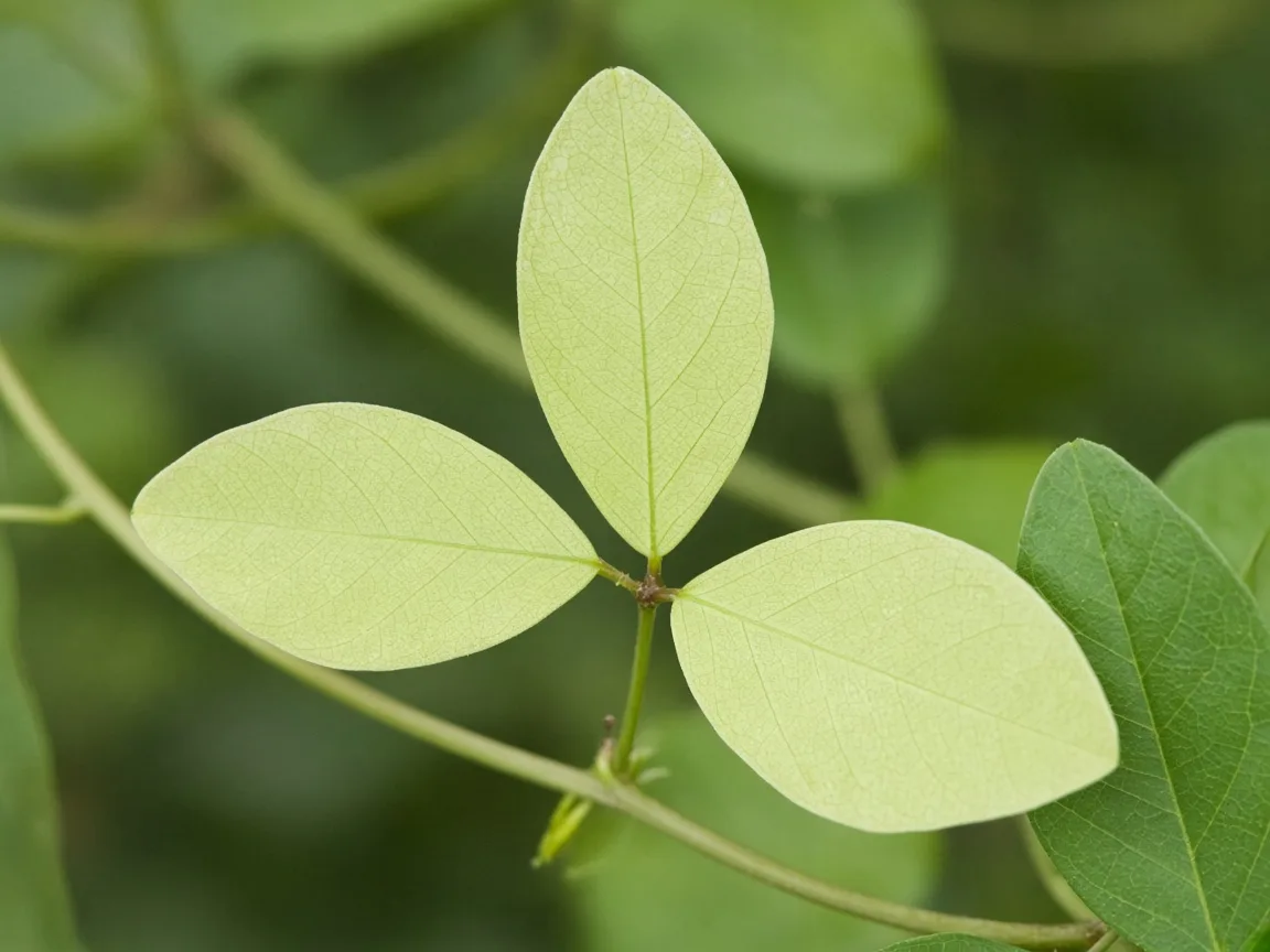Close-up of washed-out pale lime-green trifoliate leaflets on Aparajita vine