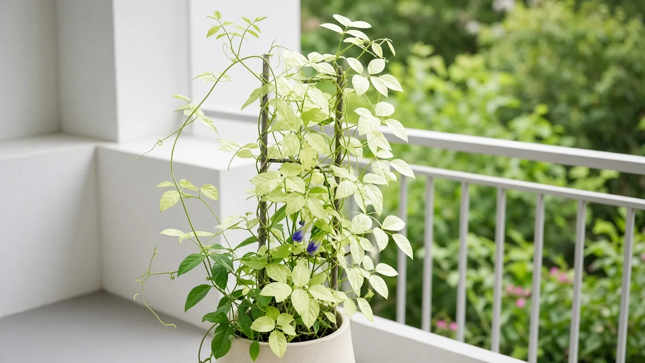 Pale leaves on Aparajita butterfly pea vine - washed-out lime-green trifoliate leaflets on balcony trellis