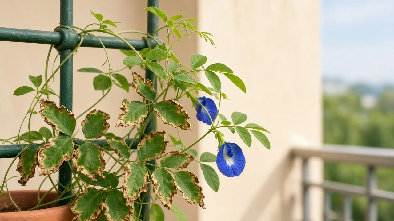 Potassium deficiency on Aparajita butterfly pea vine - scorched margins on older compound leaflets on a trellis-grown vine
