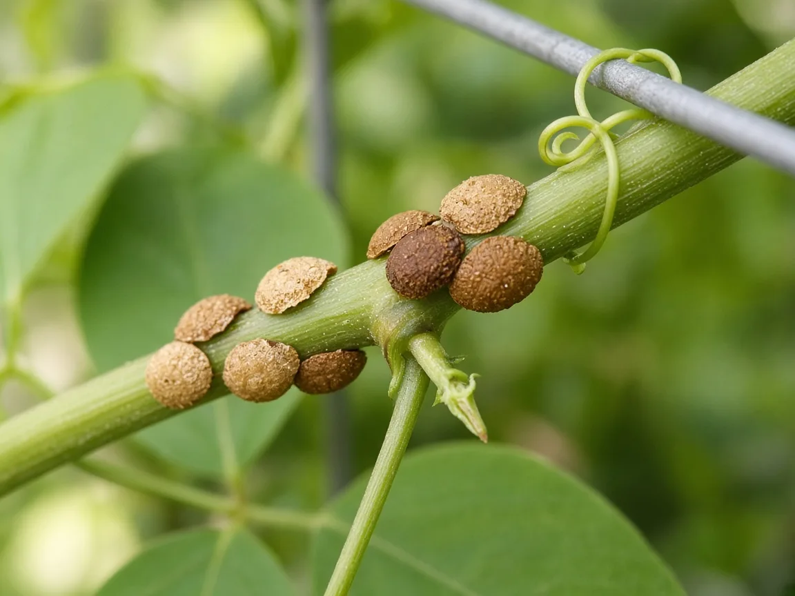 Close-up of tan scale insect bumps along a twining Aparajita stem at a tendril node