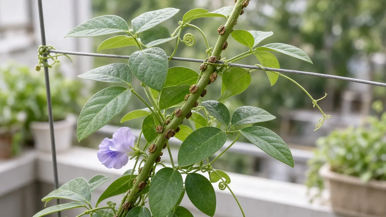Scale insects on Aparajita - tan bumps on twining butterfly pea vine stems
