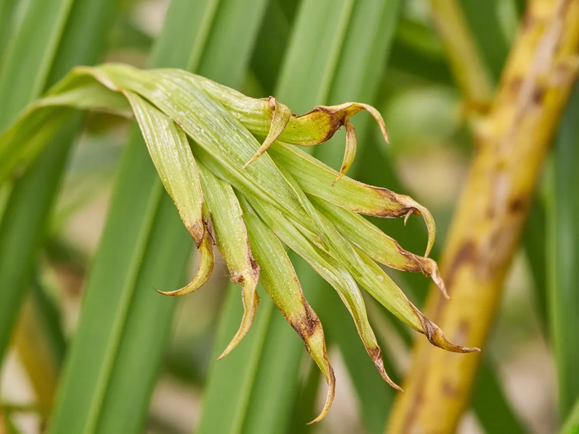 Close-up of calcium deficiency on Areca Palm - distorted new frond at cane spear
