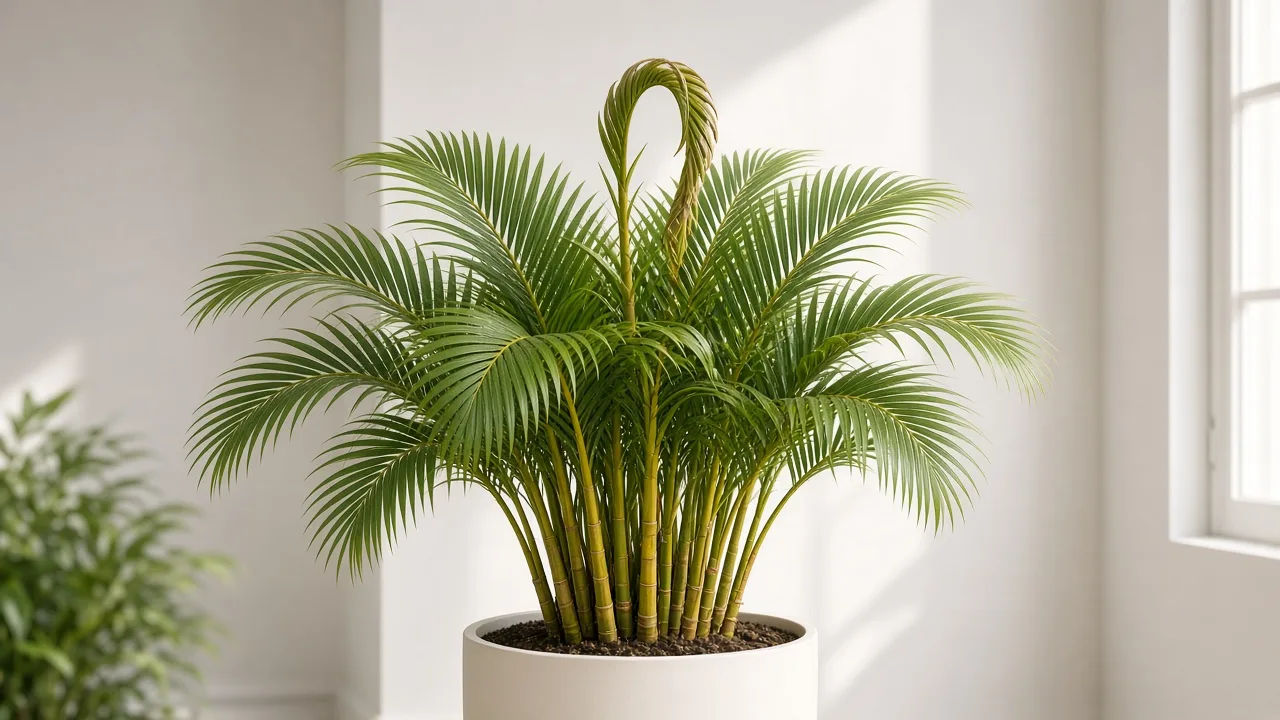 Calcium deficiency on Areca Palm - distorted new frond emerging from cane spear in clumping palm