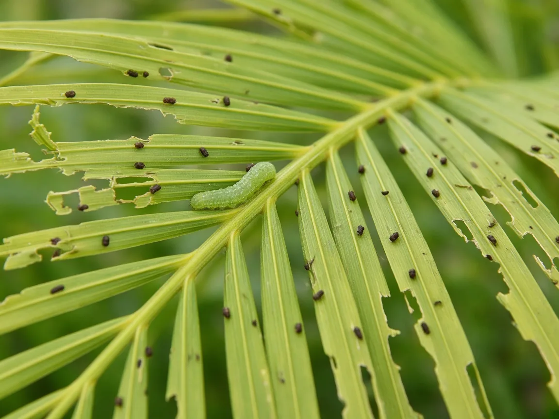 Close-up of caterpillar chew damage on Areca Palm pinnate fronds
