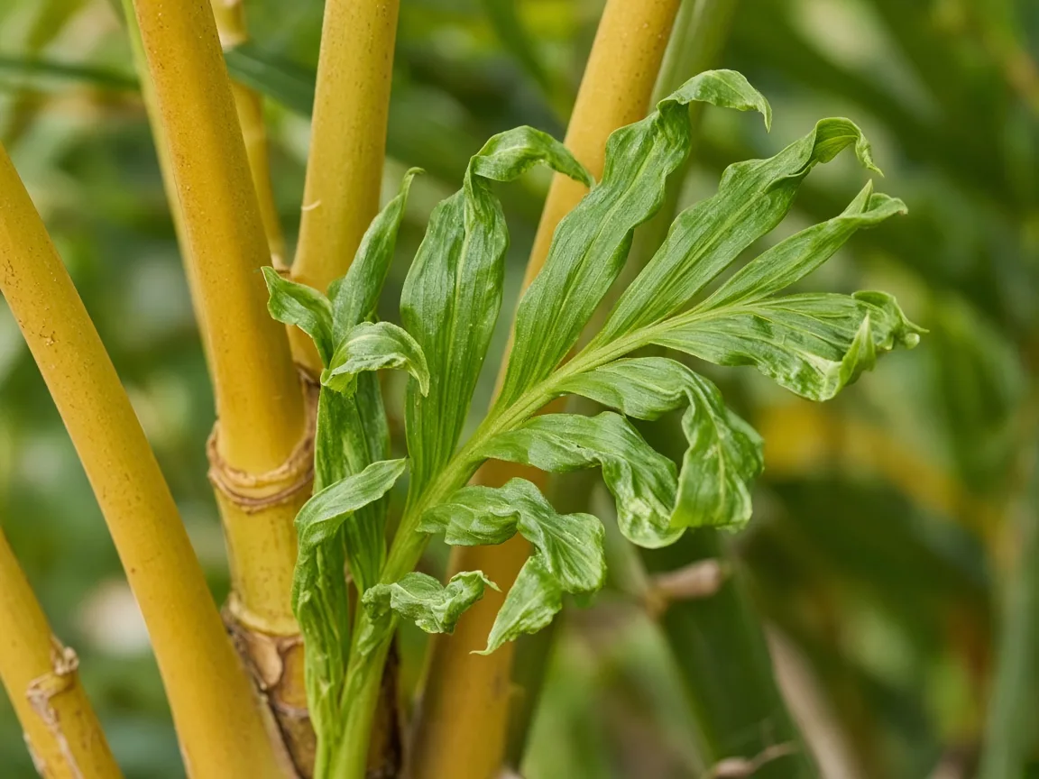 Close-up of distorted leaves on Areca Palm - twisted hook-shaped leaflets on unfurling spear
