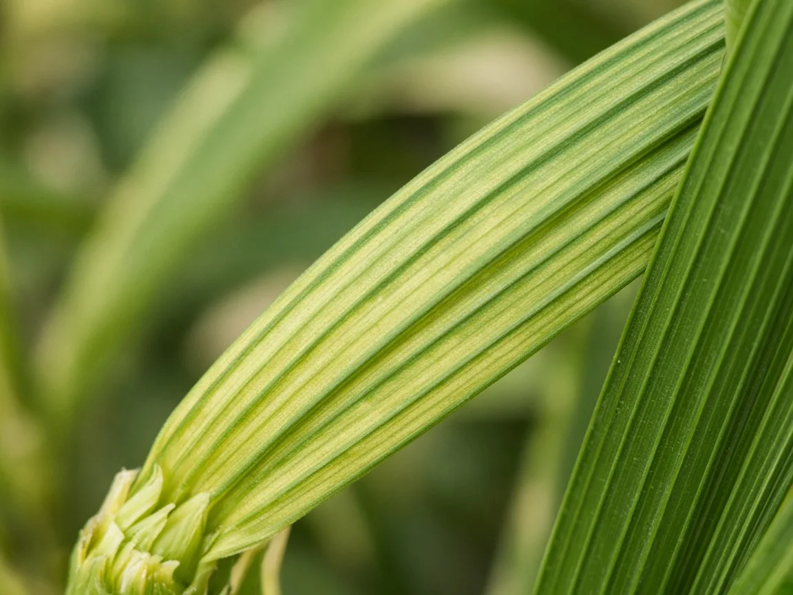 Close-up of iron deficiency on Areca Palm - interveinal chlorosis on new pinnae at cane spear