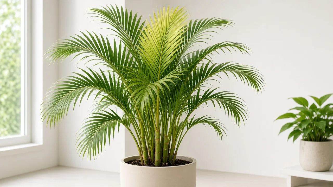 Iron deficiency on Areca Palm - pale new frond with green veins emerging from a cane spear in a clumping palm