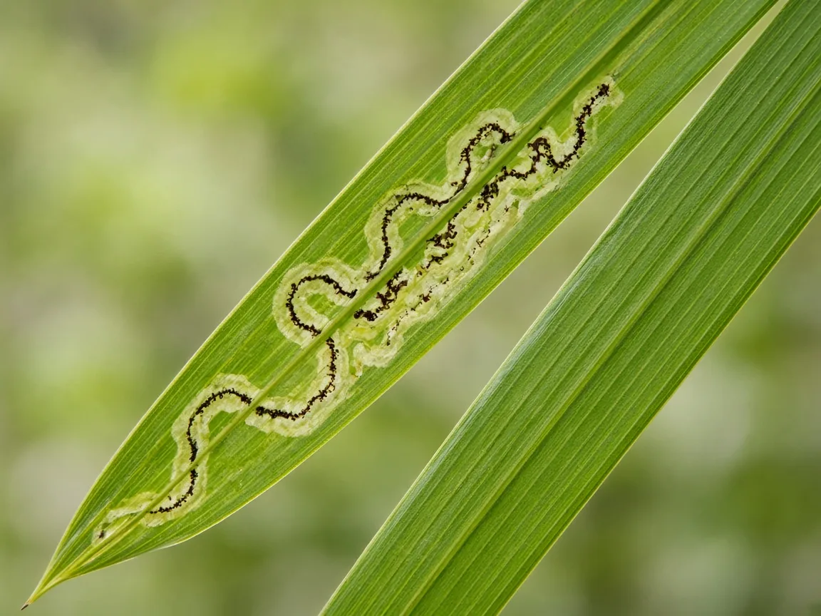 Close-up of leaf miner serpentine tunnels on Areca Palm narrow leaflets