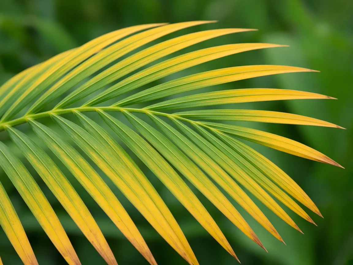 Close-up of magnesium deficiency on Areca Palm - marginal chlorosis on leaflet edges