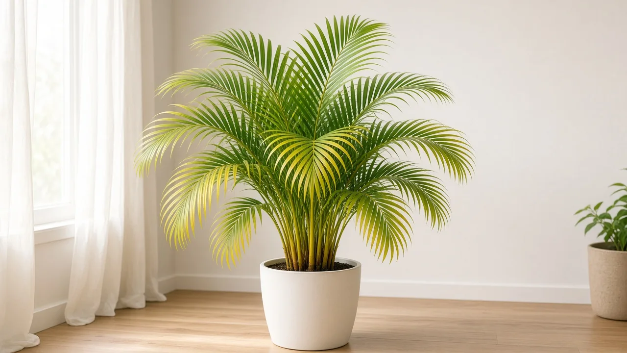 Magnesium deficiency on Areca Palm - broad yellow bands along oldest frond margins with green centers