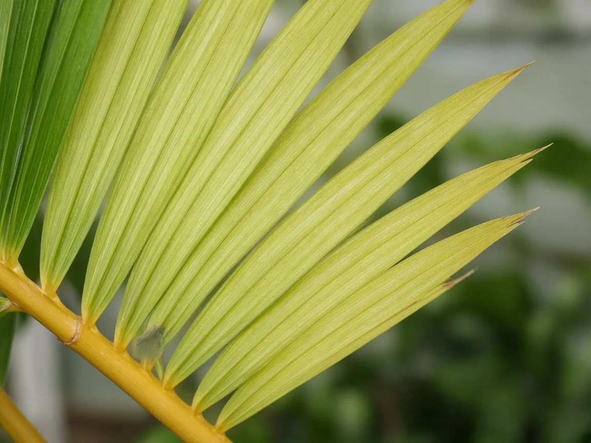 Close-up of nitrogen deficiency on Areca Palm - uniform pale yellow-green on oldest lower pinnate frond leaflets