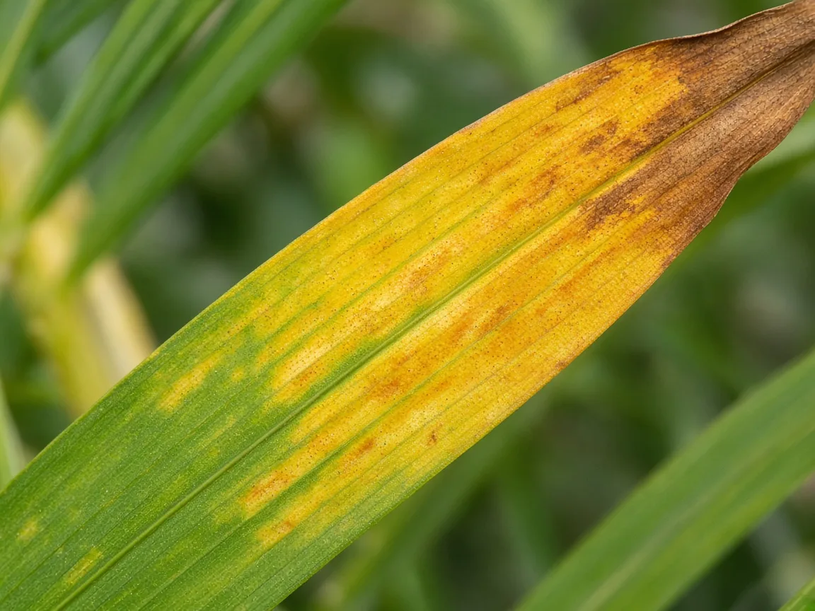 Close-up of potassium deficiency on Areca Palm - orange spotting and brown necrotic tips on oldest leaflet