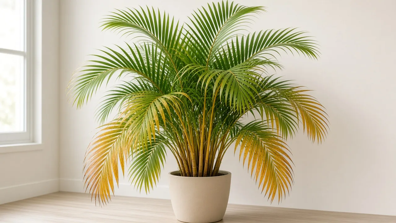 Potassium deficiency on Areca Palm - oldest fronds with orange spotting and brown leaflet tips on clumping golden cane palm