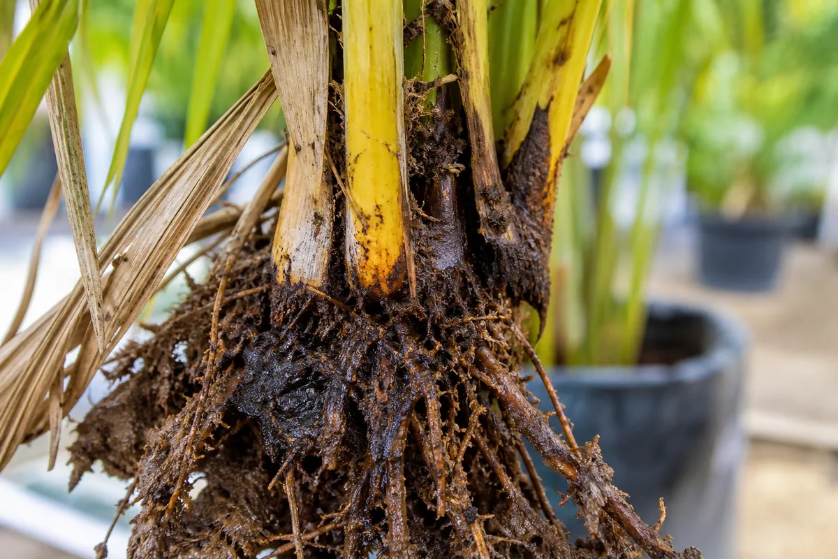 Close-up of Root Rot on Areca Palm - diagnostic detail