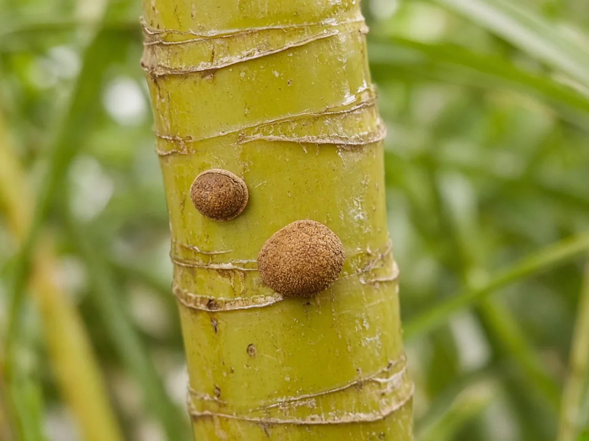 Close-up of tan scale insect bumps on an Areca Palm yellow-green cane stem