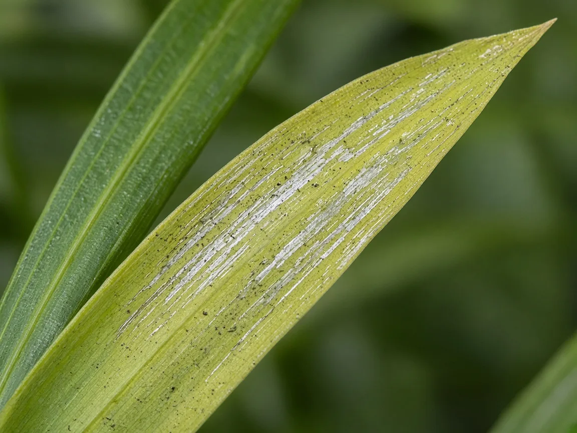 Close-up of thrips damage on Areca Palm - silvery streaks and black frass on pinnate leaflet