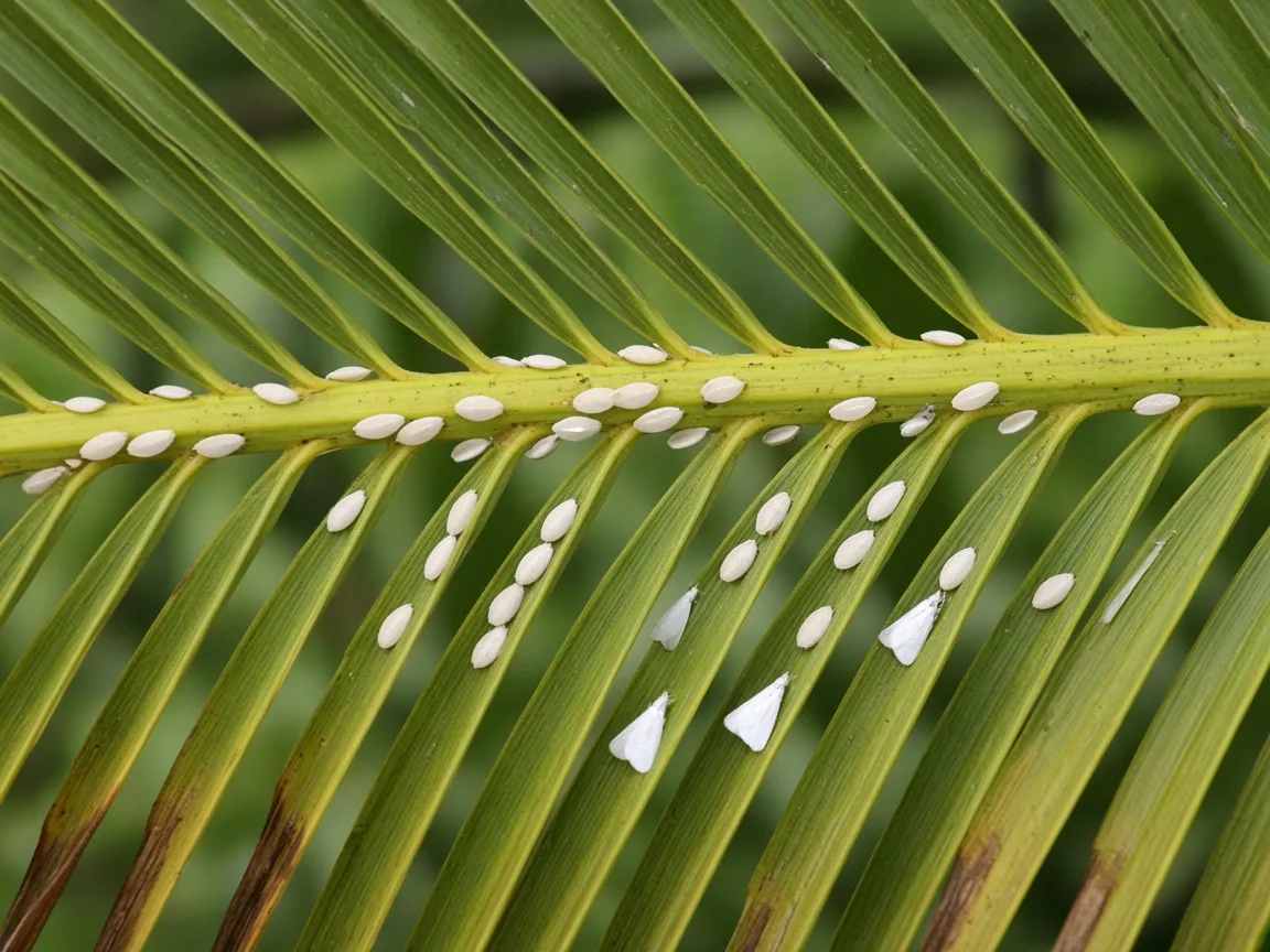 Close-up of Whiteflies on Areca Palm - diagnostic detail