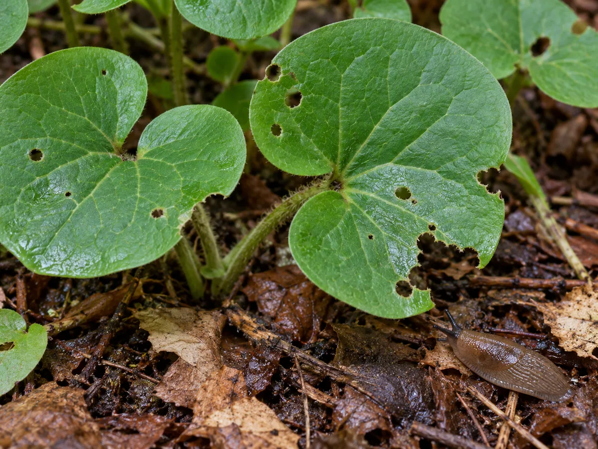 Canadian wild ginger leaves with irregular slug holes beside a slug on damp leaf litter.