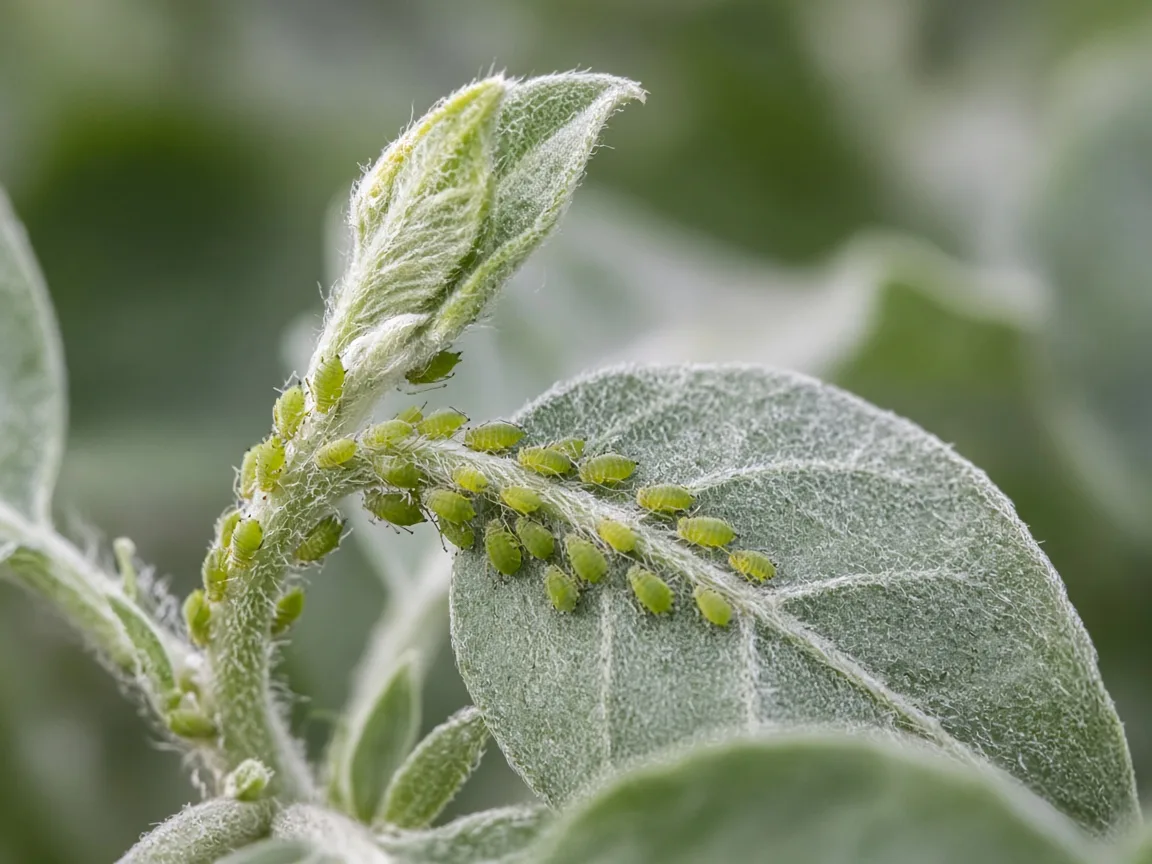 Close-up of aphids on Ashwagandha tender shoot and hairy leaf underside