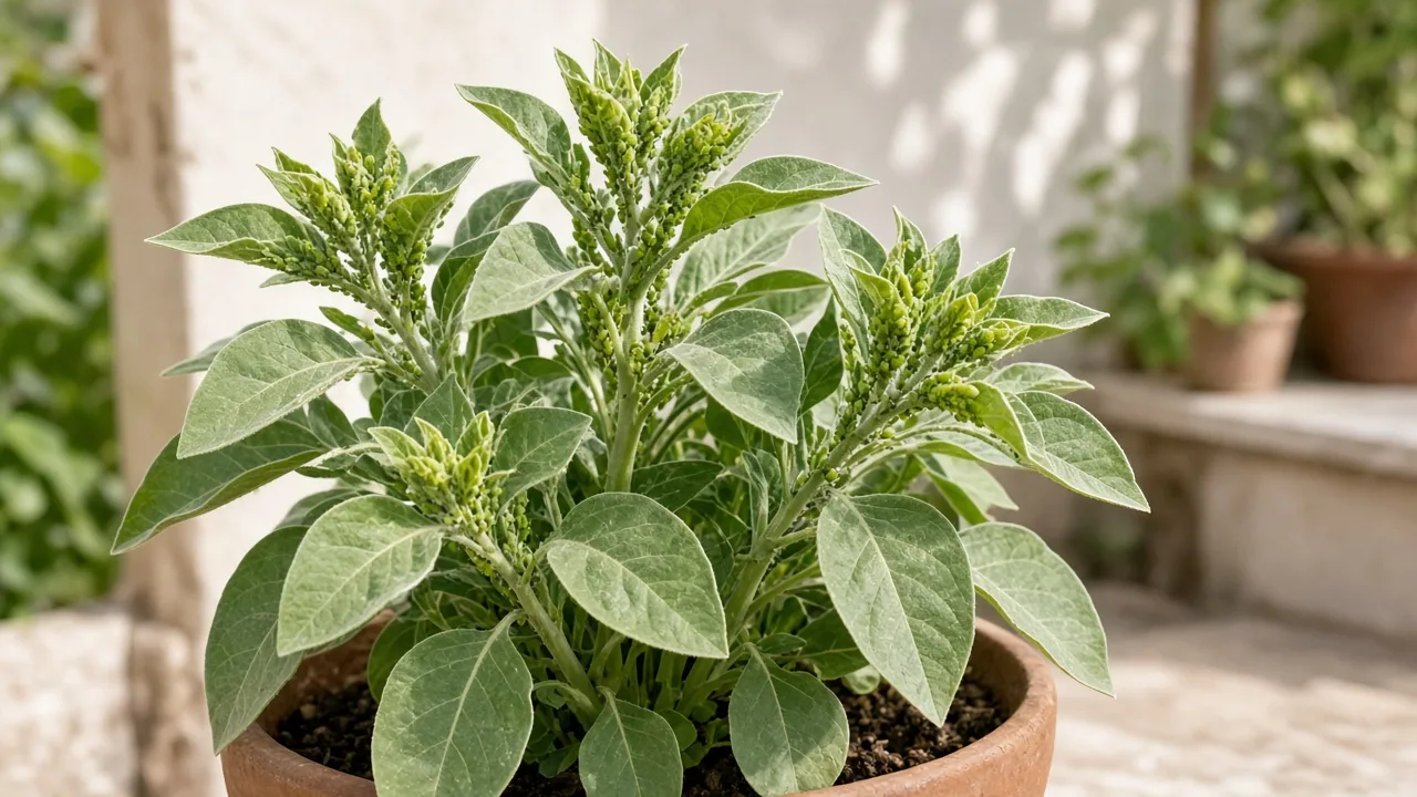 Aphids on Ashwagandha - clusters on tender shoots with silvery-green foliage