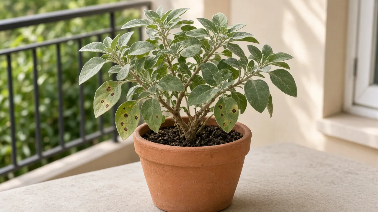 Black Spots on Ashwagandha - dark lesions on hairy gray-green leaves