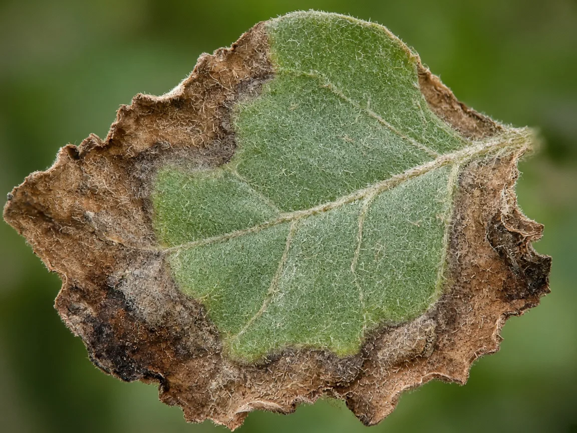 Close-up of brown necrotic Ashwagandha leaf tissue