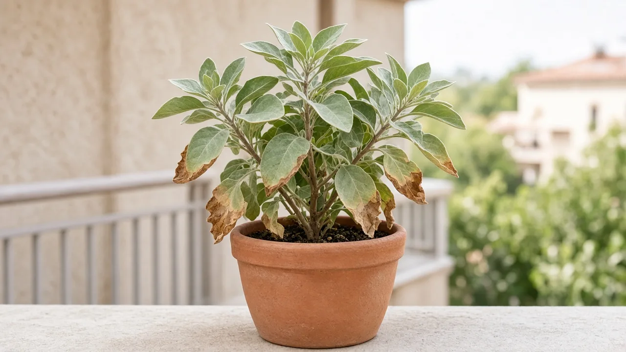Brown leaves on Ashwagandha - necrotic brown tissue on silvery-green Withania somnifera foliage