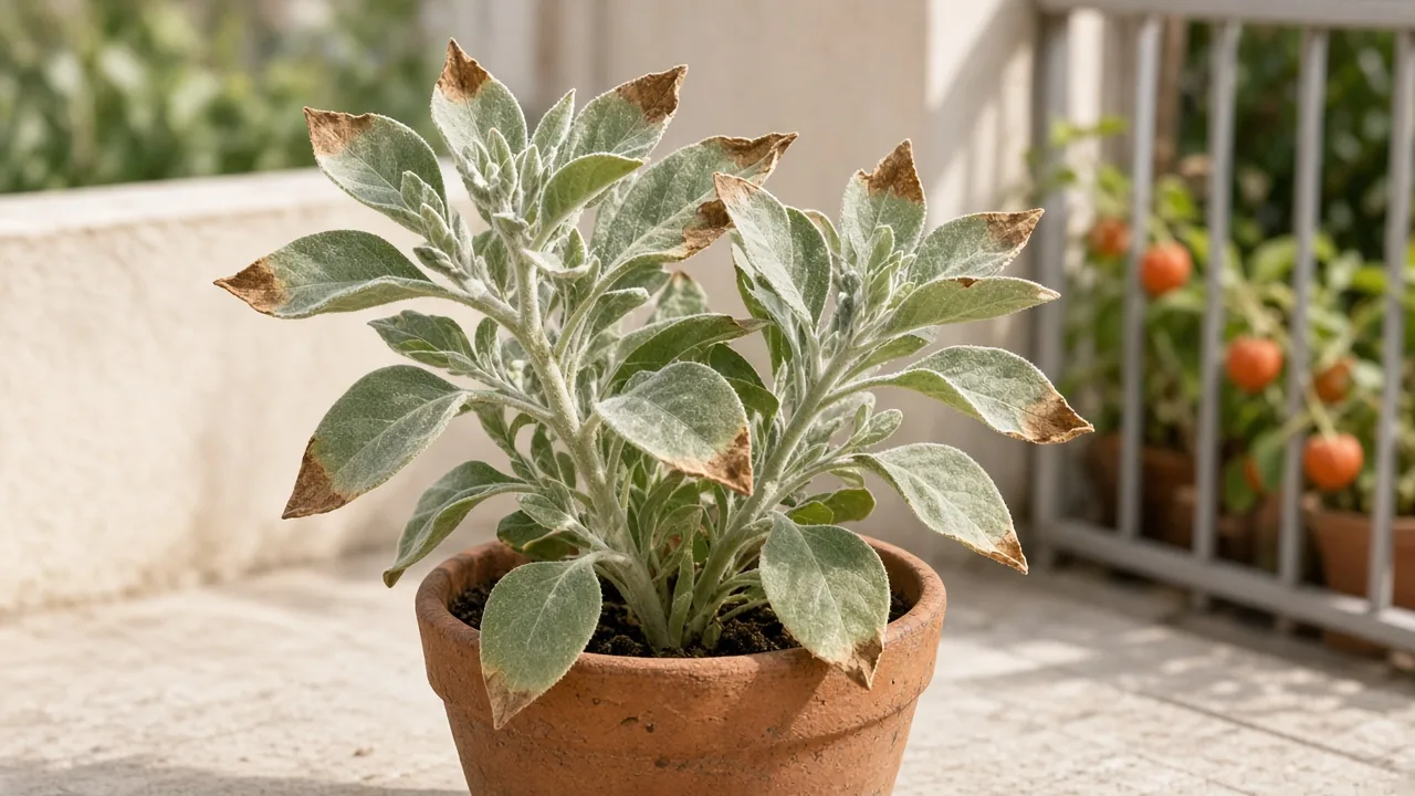 Brown Tips on Ashwagandha - dry tan tips on silvery ovate leaves of a sun-grown shrub in a terracotta pot