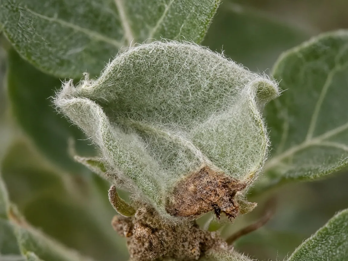 Close-up of calcium deficiency on Ashwagandha - cupped new silvery leaf at shoot tip