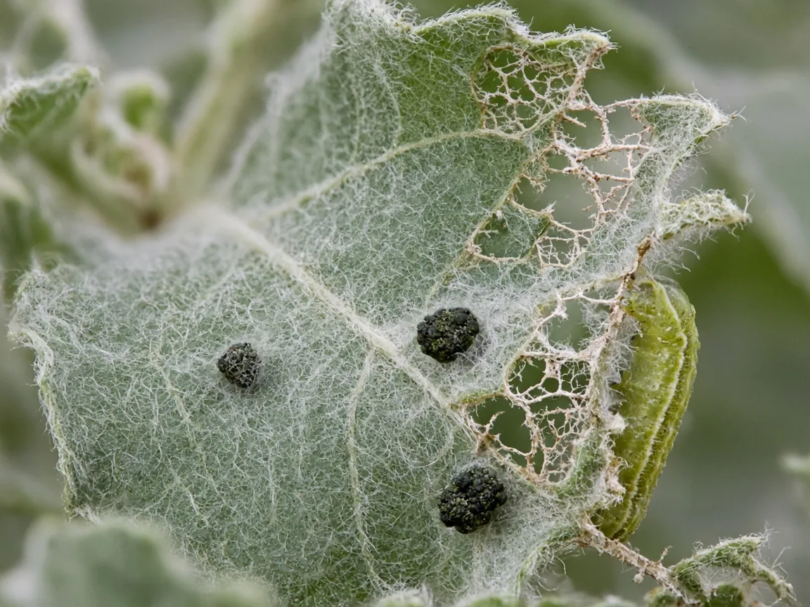 Close-up of caterpillar chew damage on Ashwagandha silvery-green hairy leaf