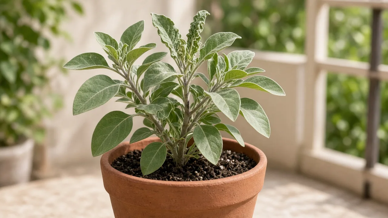 Distorted leaves on Ashwagandha - twisted new silvery leaf at shoot tip on erect shrub