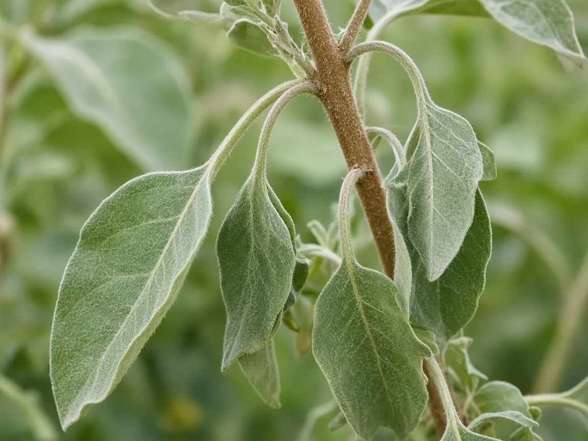 Close-up of drooping Ashwagandha leaves losing turgor