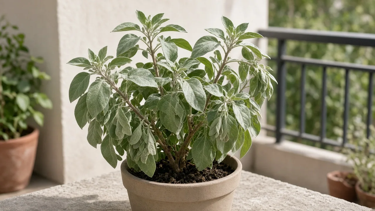 Drooping leaves on Ashwagandha - limp silvery-green foliage on a sun-grown Withania somnifera shrub