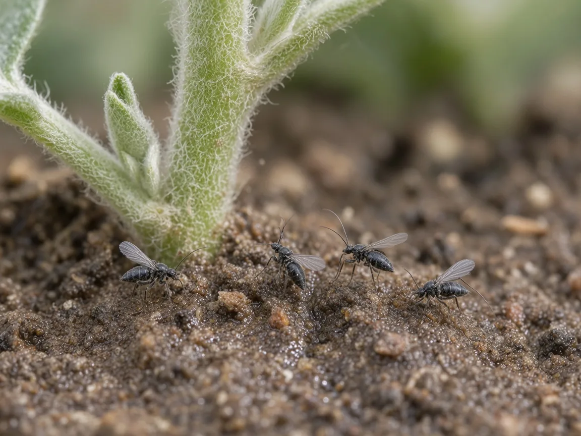 Close-up of fungus gnats on damp potting mix at the base of Ashwagandha silvery-green hairy stems
