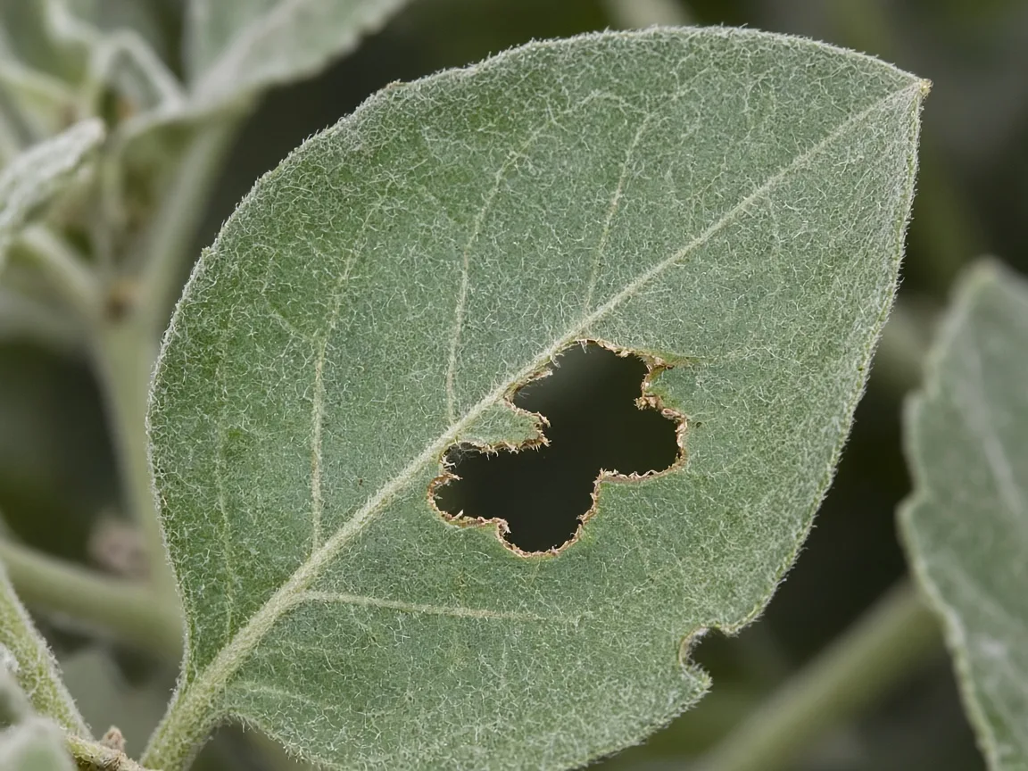 Close-up of holes in leaves on Ashwagandha - ragged chew damage on silvery ovate foliage