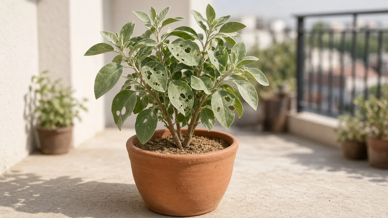Holes in leaves on Ashwagandha - ragged chew damage on silvery-green ovate foliage of a sun-grown shrub