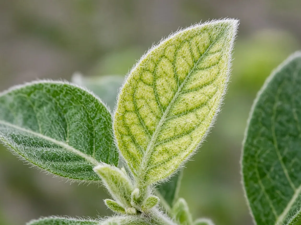 Close-up of iron deficiency on Ashwagandha - interveinal yellowing on new silvery leaf with green veins