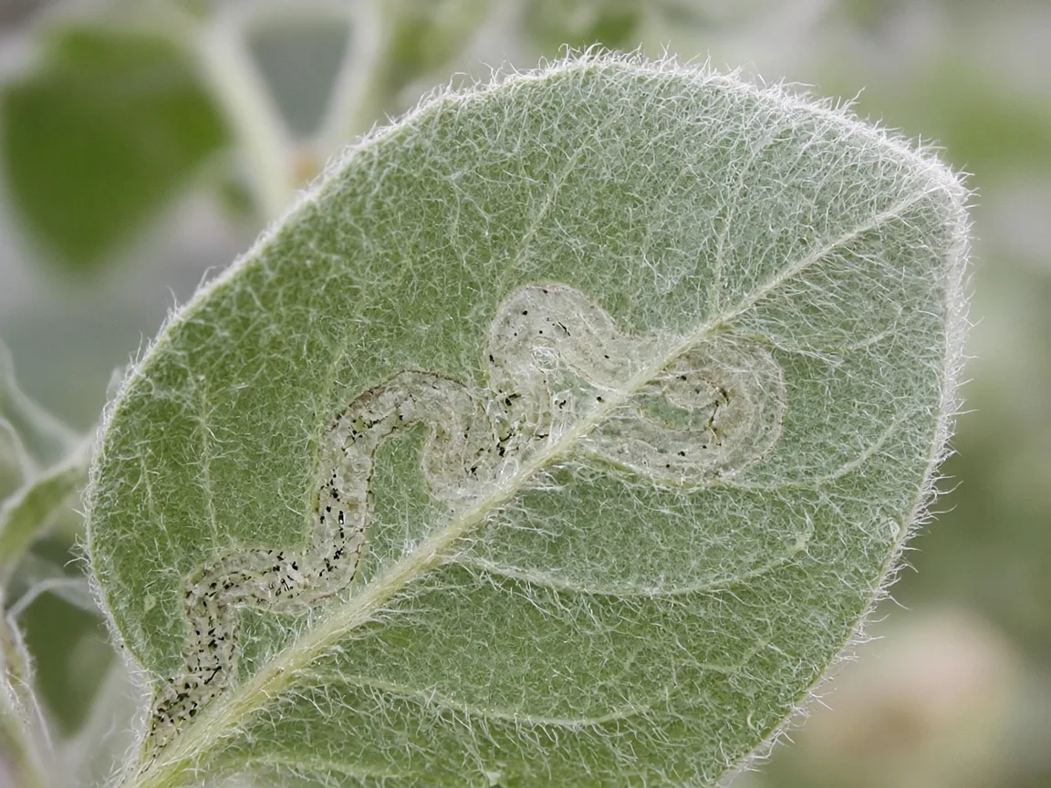 Close-up of leaf miner serpentine tunnel inside an Ashwagandha silvery-green hairy leaf
