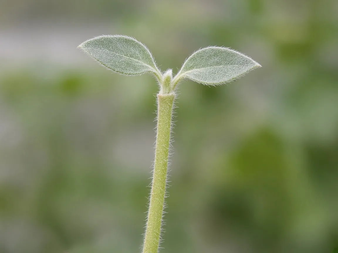Close-up of long internode gap with sparse small leaves on a stretched Ashwagandha stem