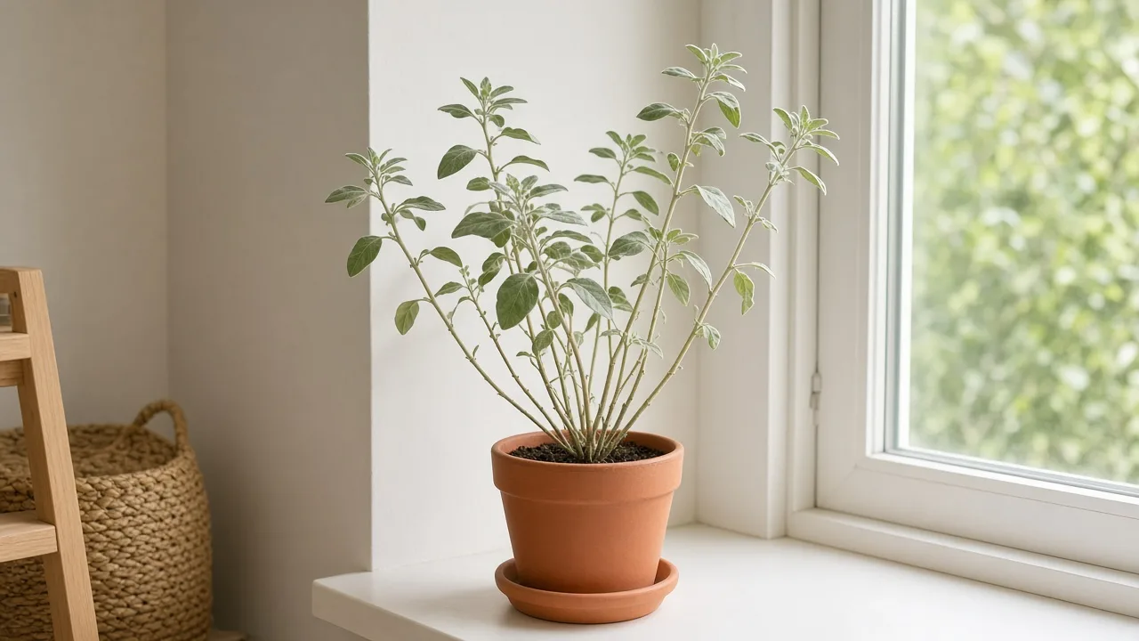 Leggy growth on Ashwagandha - tall sparse shrub leaning toward window with long internodes between silvery leaves