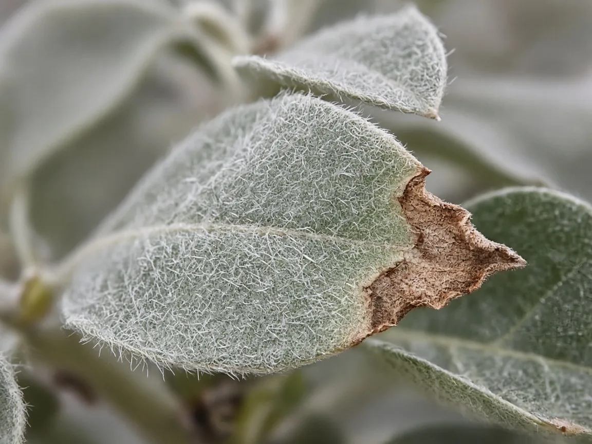 Close-up of low humidity on Ashwagandha silvery leaves